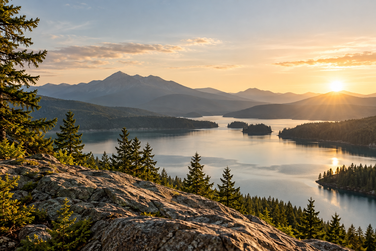 Sunrise over a mountain lake framed by evergreen trees and stone